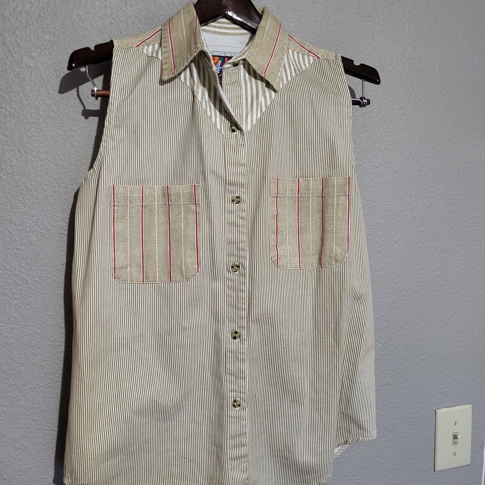 Argee Vintage Medium Womens Sleeveless Button-Up Stripe Shirt Pakistan Cotton
